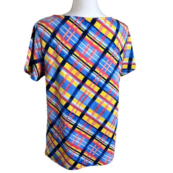 Rafaella Women Top Size L Large Blue Yellow Plaid Eyelet Collar Short Sleeve - Picture 4 of 9